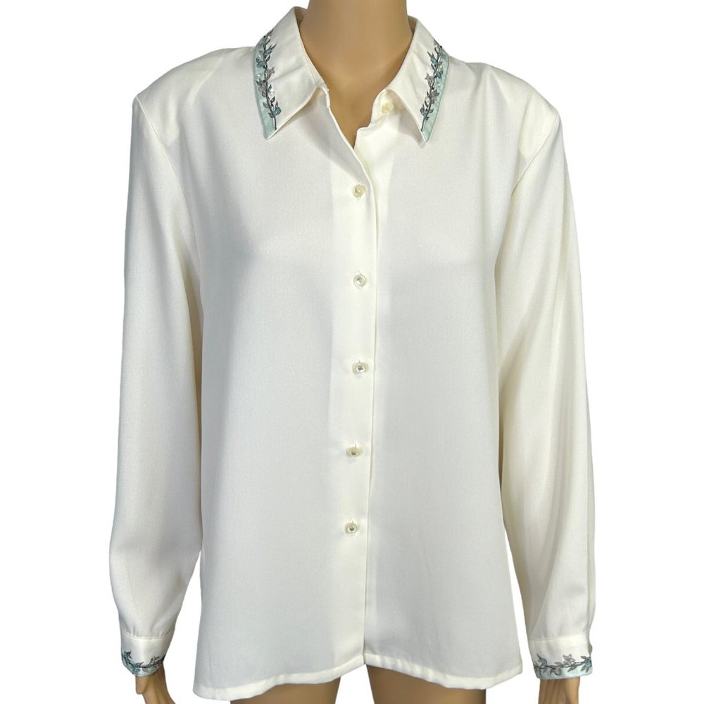 Koret Petites‎ Womens 16P Embroidered Floral Collar Cuffs Button Up Blouse Shirt